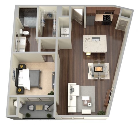 Floor plan for 1 bed, 1 bath, 798 sqft